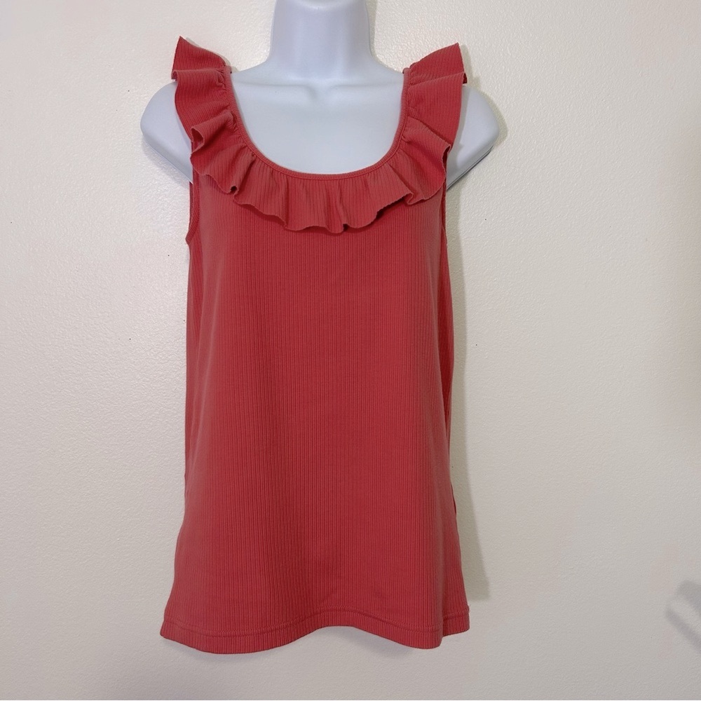 J. Crew Ladies Size Small Coral Color Ruffle Neck Ribbed Tank Top